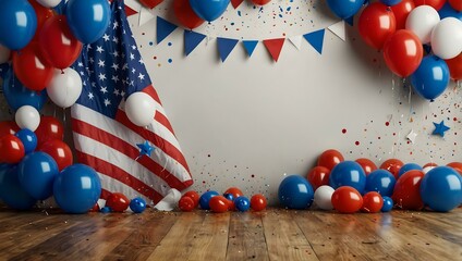 Wall Mural - American-themed background filled with balloons, flags, and confetti.