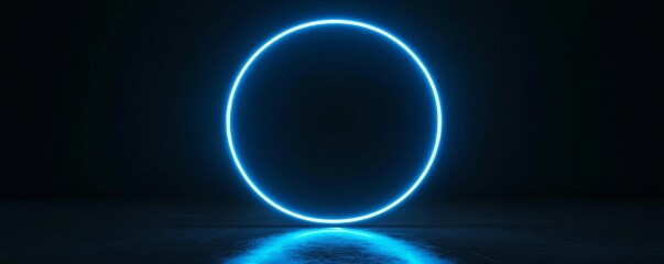 Canvas Print - Blue neon light glowing circle reflecting on dark floor