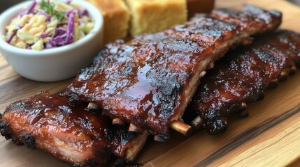 Canvas Print - A close-up shot of succulent grilled pork ribs glistening with barbecue sauce, served on a rustic wooden platter with sides of coleslaw and cornbread.