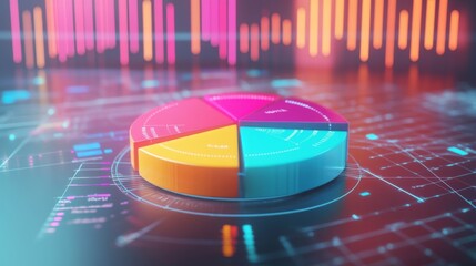 Leinwandbilder - A colorful 3D pie chart with vibrant, segmented slices, floating above a digital grid, representing different business metrics in a futuristic setting.