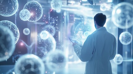 Poster - A person wearing a white lab coat stands in a laboratory setting, looking at a tablet in their hand