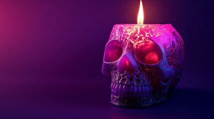 Poster - Skull candle burning with bright flame on dark background