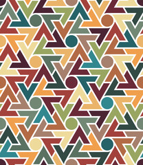 Wall Mural - Abstract geometric shapes on a white background. Seamless repeating pattern with small multicolored triangles and circles. Modern style mosaic. Green, yellow, red, and blue tiles. Vector illustration.