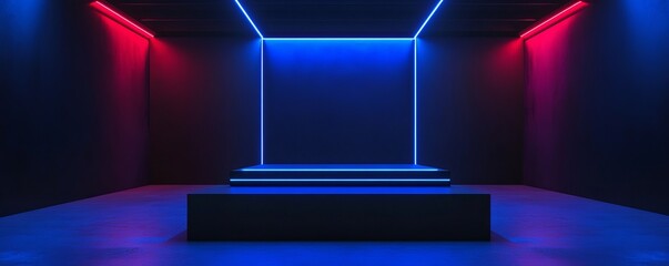 Wall Mural - Empty stage with red and blue neon lights illuminating dark room