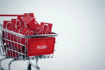 A shopping cart filled with red sale tags, symbolizing discounts and promotions, set against a neutral background.