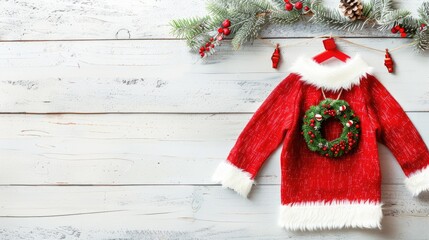 Poster - Wooden background with a clothesline holding a Santa outfit 