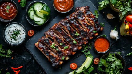 Wall Mural - A creative flat lay of grilled pork ribs accompanied by dipping sauces, sliced vegetables, and fresh herbs, perfect for a gourmet food presentation.