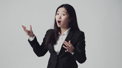 Young asian businesswoman in formal suit over isolated background surprised facial expression. Business advertising concept.