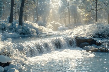 Wall Mural - Winter morning light shining on a tranquil snowy stream