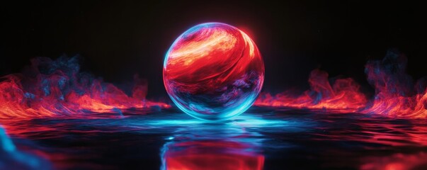 Wall Mural - glowing orb floating above neon lit surface with smoke