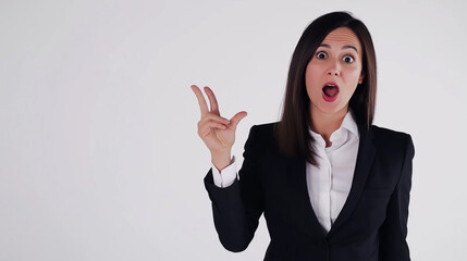 Young brunette businesswoman in formal suit over isolated background surprised facial expression. Business advertising concept.