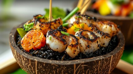 Wall Mural - A delightful serving of black ink rice in a coconut shell, topped with grilled squid and colorful vegetables, evoking a tropical feel against a light background.