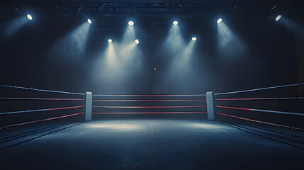 Sticker - Empty professional boxing ring in the dark, illuminated spotlight. Sport background.