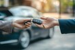 © Monirknn - transportation rental automotive business concept. Close up hands of rental auto agent giving car remote key to client to travel sightseeing, generative ai