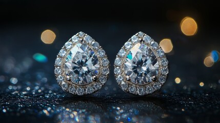 Aufkleber - A detailed macro shot of sparkling diamond earrings, showcasing the clarity and brilliance of the stones against a dark background, ideal for luxury jewelry promotions.