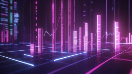 Aufkleber - A digital 3D financial bar chart with bars rising from a grid-like surface, showing upward trends in investment returns, with neon lines and glowing financial symbols.