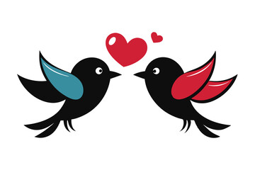 Sticker - cute flying birds holding heart. Image of birdies in simple style.white background J.eps