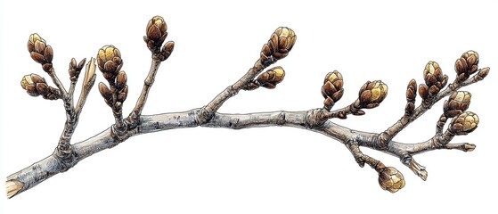 a detailed illustration of a tree branch with several buds.