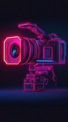 Wall Mural - professional digital camera standing on tripod with neon lights