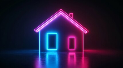 Poster - Glowing neon house symbol reflecting on surface