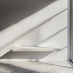 An empty display shelf with a white glossy finish floating in a clean, grey room with subtle shadows