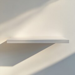 An empty, glossy white shelf floating in a clean, bright room with soft shadows and no additional objects in view