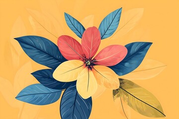 Wall Mural - A vibrant illustration of a flower with multicolored petals isolated on a yellow background