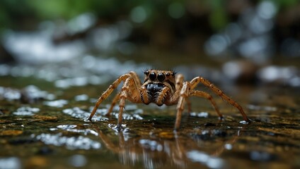 Wall Mural - Close-up of a spider by a jungle stream.