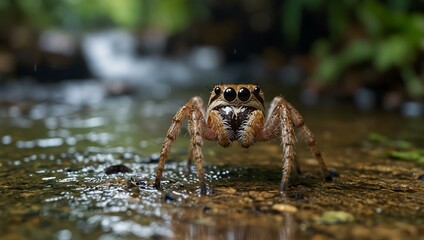 Wall Mural - Close-up of a spider by a jungle stream.