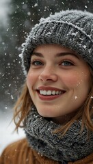 Wall Mural - Close-up of a woman smiling in the snow.