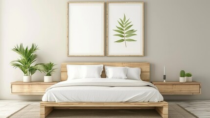 Wall Mural - Modern boho-style bedroom with a wooden bed