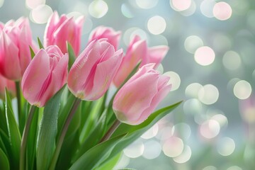 A bouquet of pink tulips with a pink background, generative ai image