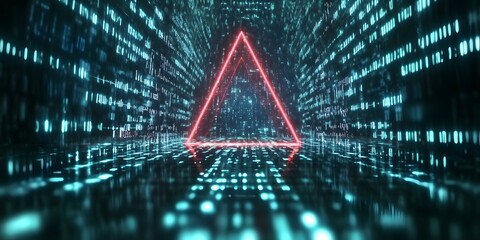 A matrix background with a dynamic flow of binary code through a triangle gateway, generative ai