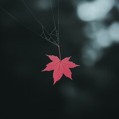 Canvas Print - Red Maple Leaf on Spiderweb: Autumn Detail