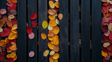 Canvas Print - Autumn Leaves on Black Wooden Planks: Fall Background