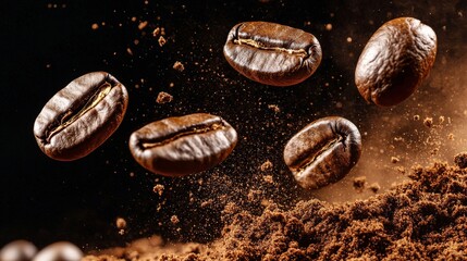 Several layers of coffee beans strewn on a flat surface