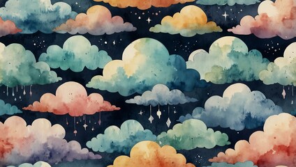 Wall Mural - Cloud-themed watercolor pattern illustrations.