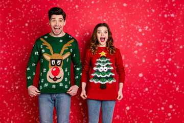 Poster - Portrait of astonished two people wife with brunette hair scream wow enjoy deer christmas pattern fashion jumper wear denim jeans stylish trendy pullover isolated over red color background