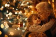 © serz72 - A warm and cozy living room features a grandmother and granddaughter hugging near a beautifully decorated Christmas tree, radiating love and holiday cheer