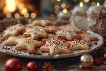 A festive plate of star-shaped Christmas cookies, decorated with colorful icing and sprinkles, is set on a table adorned with holiday ornaments, with a cozy fireplace glowing in the background