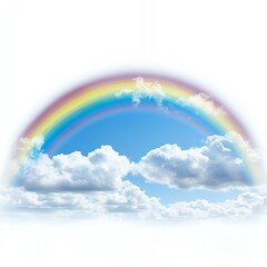 Wall Mural - A vibrant rainbow arches over fluffy white clouds against a bright blue sky.