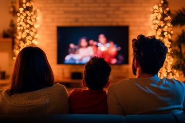 A family of three is watching a movie on a television