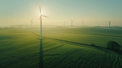 Aerial view of wind turbines on a green field at sunrise, aerial photography concept for renewable energy