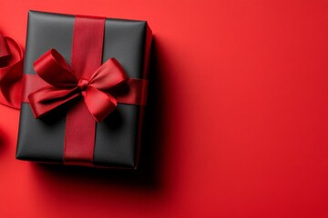 Wall Mural - A neatly wrapped black gift box tied with a red ribbon rests on a bright red surface, creating a cheerful, festive mood