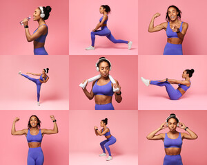 Sticker - African American fit woman is engaged in diverse exercise routines including lunges, leg lifts, and weights, all set against a bright pink backdrop while enjoying upbeat music through headphones.