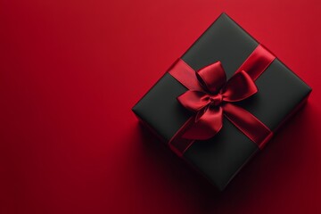 Wall Mural - The elegant black gift box tied with a luxurious red ribbon stands out against a rich red background, ideal for celebrations