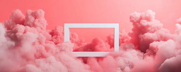 White frame floating in pink cloudscape, abstract dreamlike concept