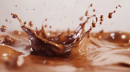 Close-up of a chocolate milk splash with droplets flying in the air.