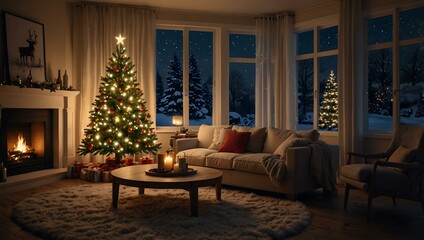 Cozy interior decorated for Christmas with a glowing tree.