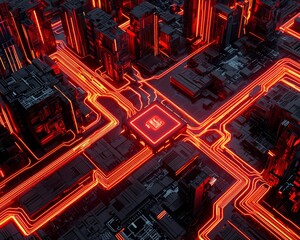 A circuit cityscape is filled with neon pulses, and a central chip is aglow with data power